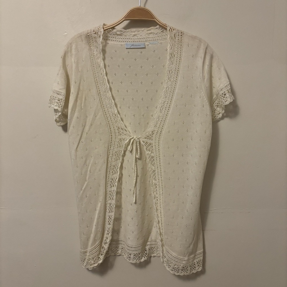 Women's Knit Cardigan Cottagecore Cream Eyelet Lace Fairy Dainty Bow M‎